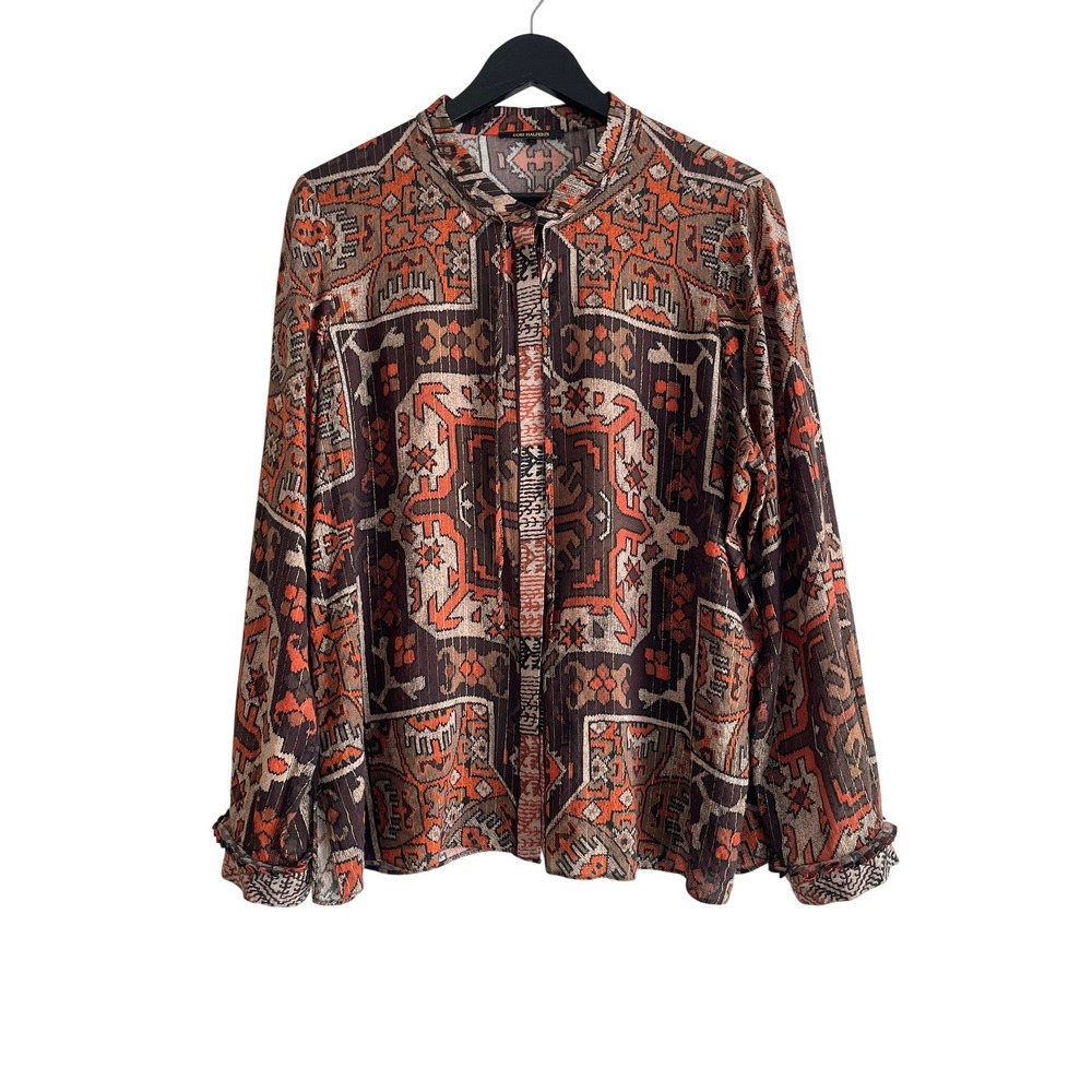 Kobi Halperin Women Geometric Print Metallic Stripe Blouse Orange Brown Top XL